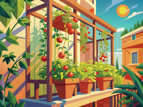 Balcony garden with tomato plants and trellis potted plants red tomatoes