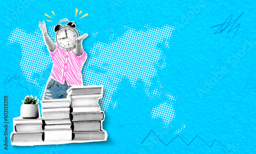 Trendy halftone collage in pop art style: knowledge, school, lessons, geography, map, globe, finger, young girl with alarm clock instead of head, stack of books and flower. Education concept.