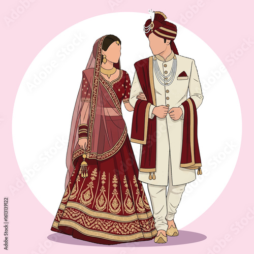 Traditional Indian Bride and Groom in Maroon and Cream Wedding Attire Faceless Vector Illustration