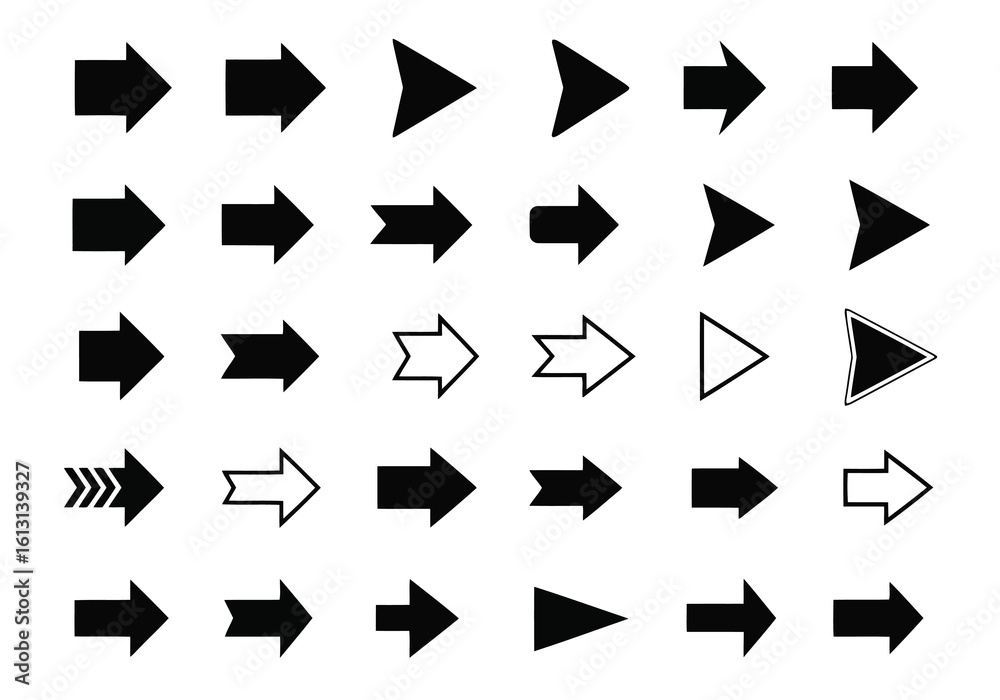 Vector art of many different arrow icons are pointing right isolated on white background