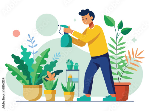 Man watering indoor plants with spray bottle ferns