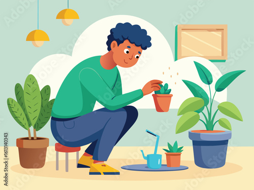 Person tending to plants indoors gardening watering