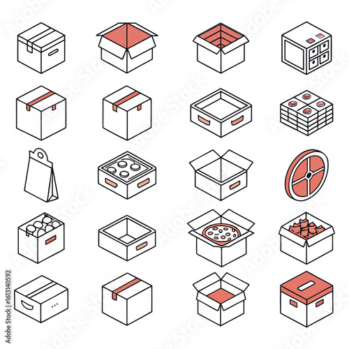 Isometric Pixel-Perfect Box Icons – 20 Minimal Line Packaging & Storage Symbols.

