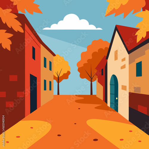   tranquil village alley with bright autumn cano