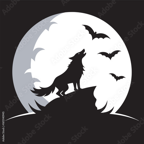 Wolf Howling At Moon Behind Mountains Silhouette