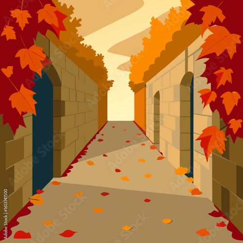   elegant stone alley wrapped in vibrant autumn