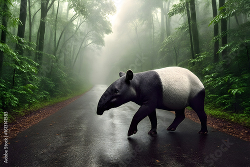 Illustration realistic ultra HD image landscape 
A Malayan tapir crossing a quiet forest road in the early morning mist.