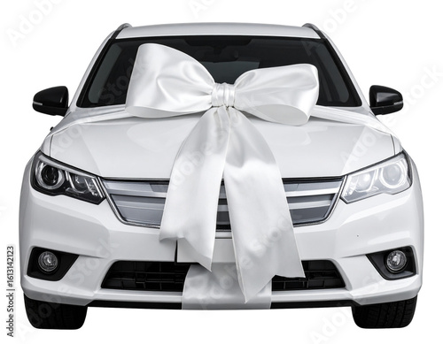 Car covered with fabric gift wrap and large decorative bow isolated on transparent background PNG