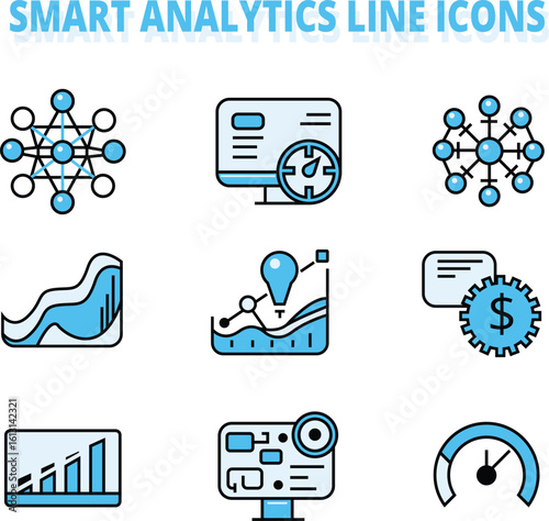 Collection of blue line icons representing various smart analytics concepts.