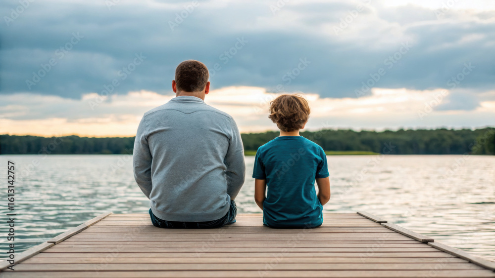 Fototapeta premium Father and son sit together on wooden dock, their feet dangling above water, enjoying peaceful moment as sun sets behind clouds