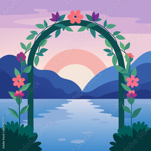 floral arch beside a glassy lake at dawn  with mis