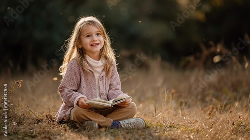 Young girl reading a book in a field of dry grass
