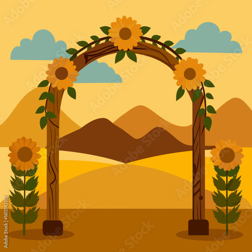 rustic wooden wedding arch with sunflowers and ivy