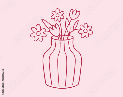 pink drawing cute vase with flowers line art. Hand drawn doodle outline bouquet simple floral decoration