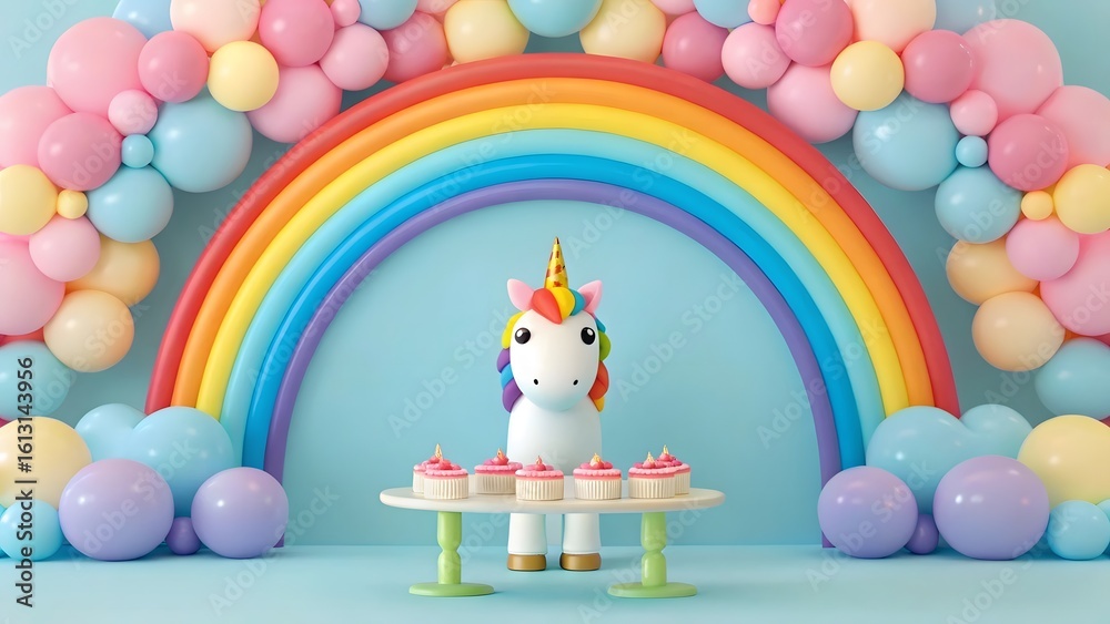 Fototapeta premium Whimsical unicorn and rainbow balloon arch birthday celebration
