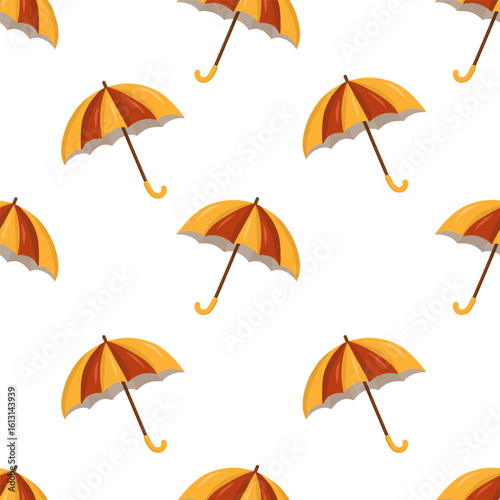 Seamless autumn pattern with yellow and red umbrellas on a white background. Cartoon vector