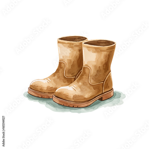 Watercolor brown gardening boots illustration isolated on light background