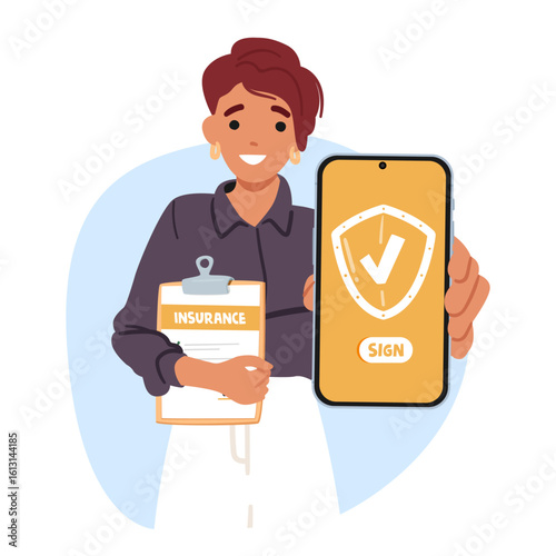 Woman manager offering safety risk free online insurance service showing mobile phone screen