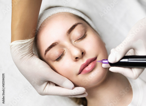 Photos Beautician Doing Permanent Makeup For Lips Of Young Attractive Woman, Beautiful