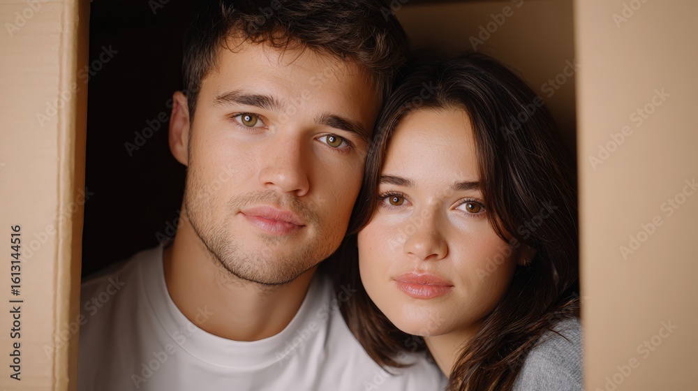 Fototapeta premium housing crisis, American dream, A close-up portrait of a young man and woman with neutral expressions, looking directly at the camera.