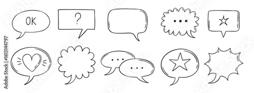 Outline comic speech bubbles set. Dialogue, doodle chat communication, discussion element. Message frame symbol drawing