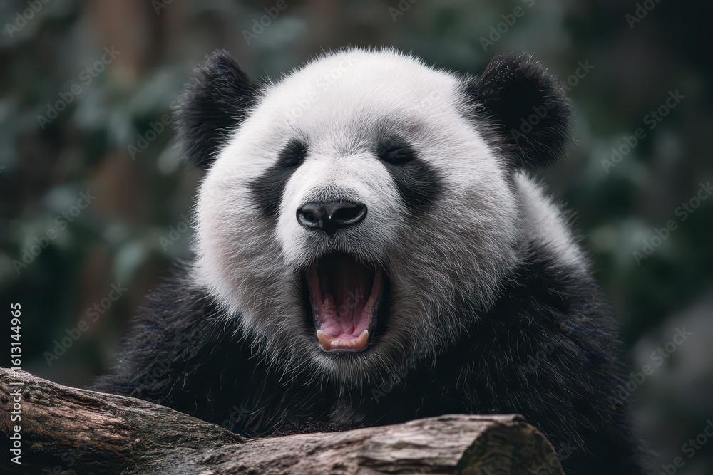 Obraz premium Panda yawning in a natural habitat surrounded by greenery displaying a moment of relaxation and calmness