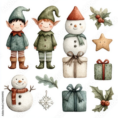 Charming holiday illustrations with elves, snowman, gifts, and festive decorations