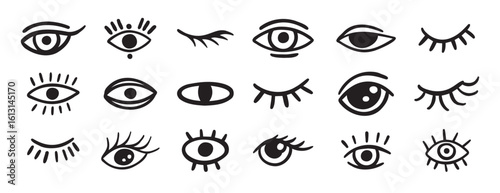 eyes and lashes doodle hand drawn icon set. Outline drawing line clipart symbol collection