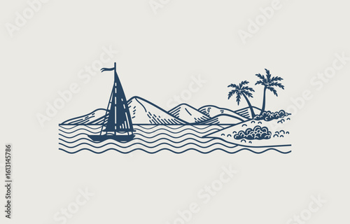 Vector seascape against mountains. Line art Tropical island with sailboat and two palm trees. Serene ocean view.