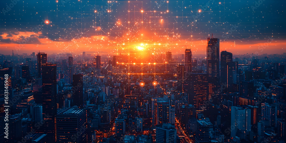 Fototapeta premium Digital Network Connects Illuminated Cityscape at Sunset