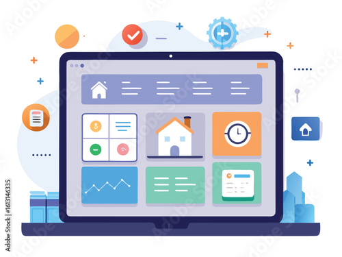 Smart home interface displaying device controls and analytics dashboard technology