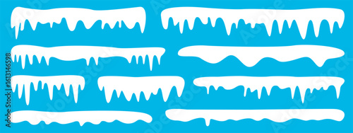 Set of simple snowy icicles border, snow caps vector winter elements