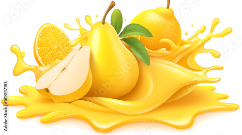Vibrant Yellow Pears and Orange Slice in a Juice Splash, Isolated