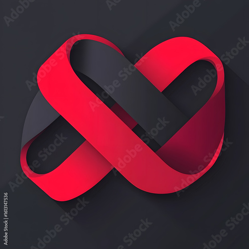 Intertwined Red and Gray Ribbons on Dark Background with Long Shadow