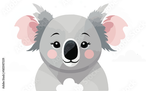 Cute cartoon koala with pink cheeks and ears, looking forward on a white background.