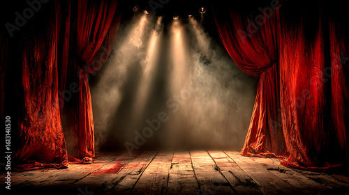 Christmas background a dramatic stage with red velvet curtains and spotlights