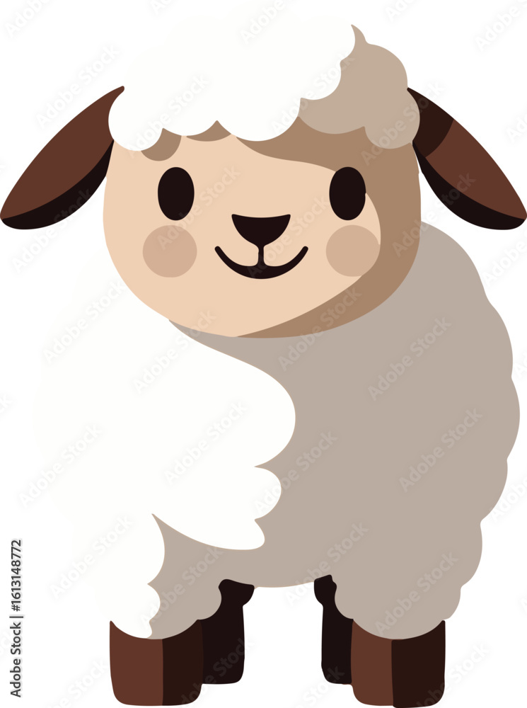 Fototapeta premium A cheerful cartoon lamb, front view, fluffy white wool, brown ears and legs.