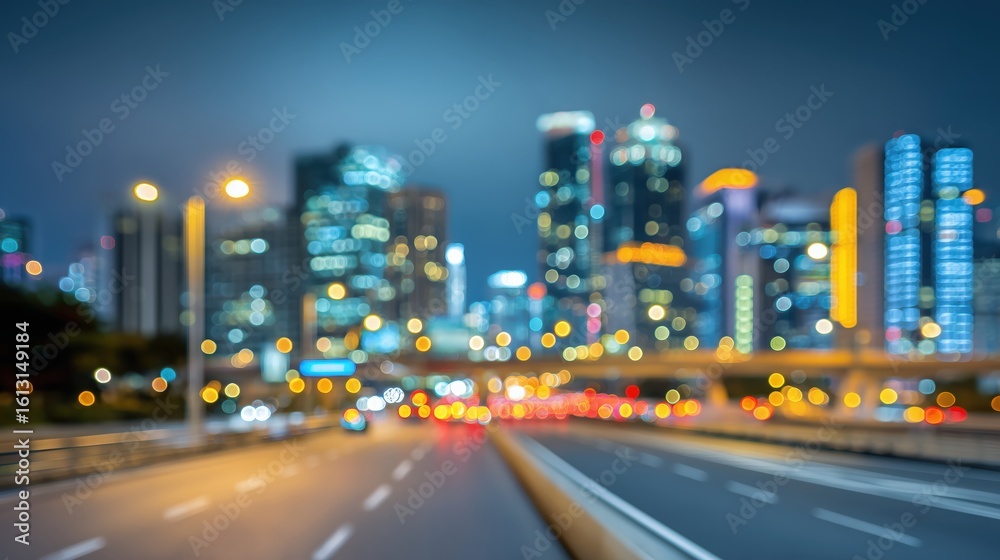 Naklejka premium Dynamic night traffic flow through urban landscape city skyline photograph nighttime aerial view motion and light