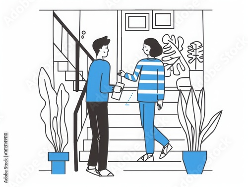 Greeting at the Door: A Minimalist Illustration of Home, Plants, and Friendship with two people interacting on the doorstep.