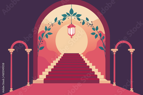 lavish floral arch framing a grand staircase in a 
