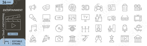 Entertainment icons set. Includes icons for music, movie, concert, dance, gaming, theater, party, television, fun, and performance. Line icons. Perfect for infographics, apps, and leisure content.