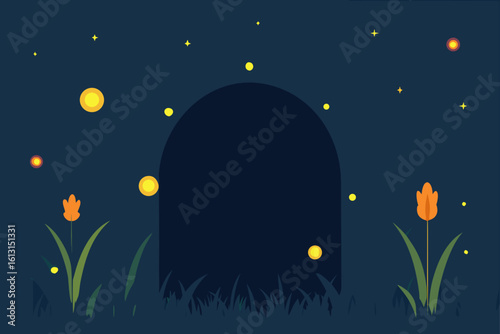 whimsical arch surrounded by glowing fireflies in 