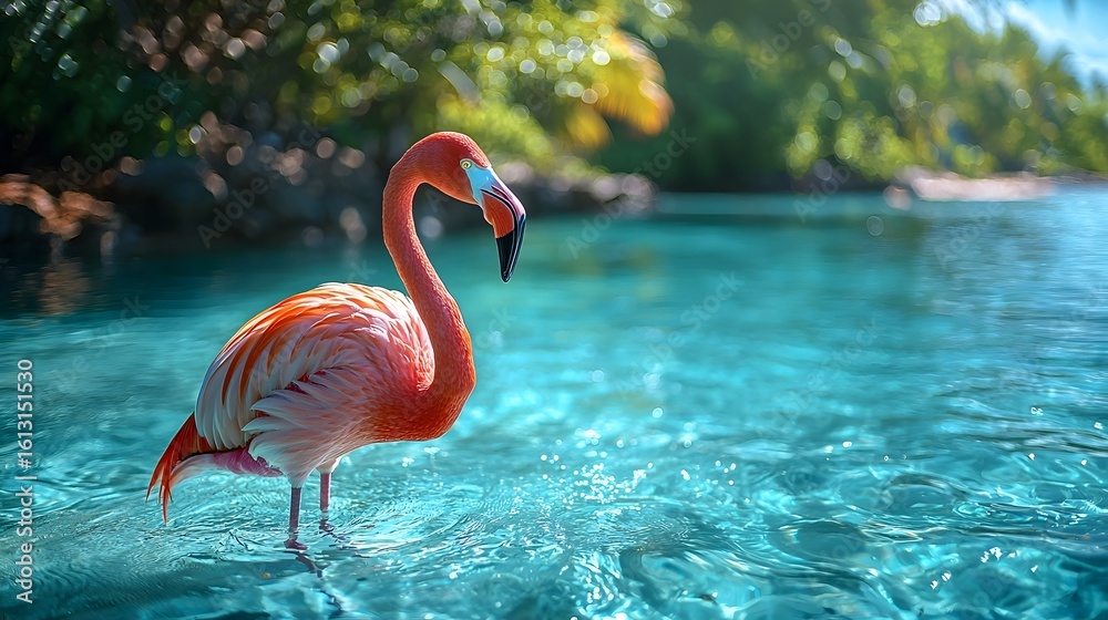 Fototapeta premium Graceful flamingo wading in crystalline tropical waters