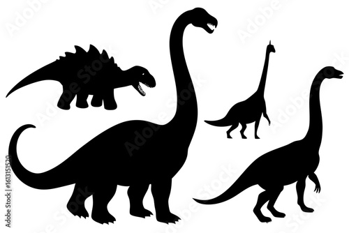 Group of different dinosaurs black silhouette vector illustration