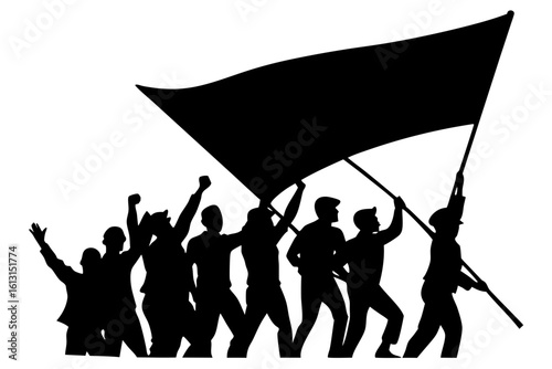 Group people protest holding flag silhouette vector illustration