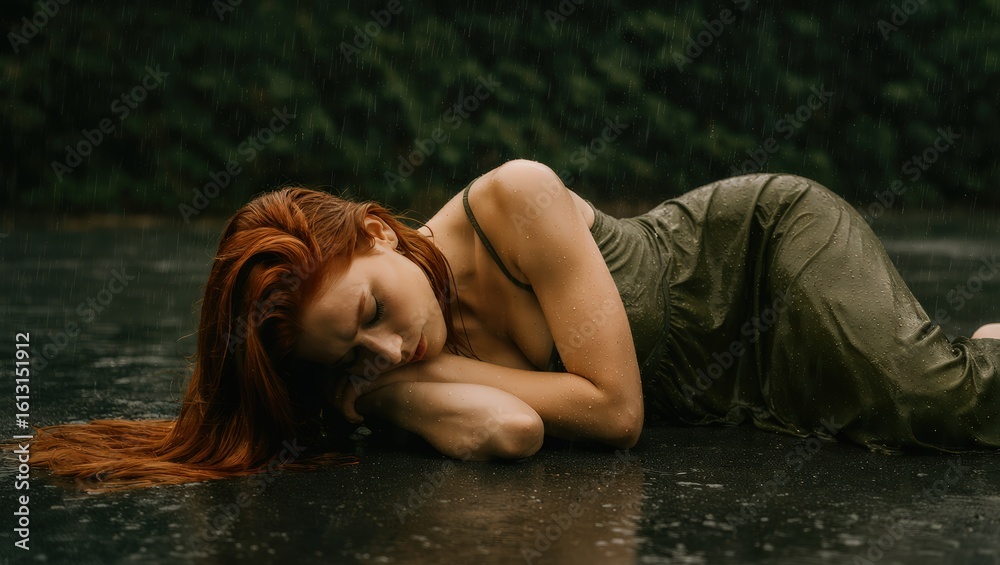 Fototapeta premium Red Haired Woman Lying on Wet Road in Rain Wearing Green Dress with Closed Eyes