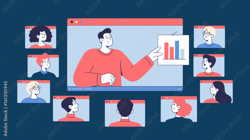 Fototapeta premium professional presenter leading a virtual webinar with a chart vector illustration, online presentation, e-learning and corporate training