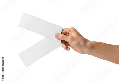 Woman's hand holding two blank white paper tickets or coupons for mockup. Isolated on transparent background, png