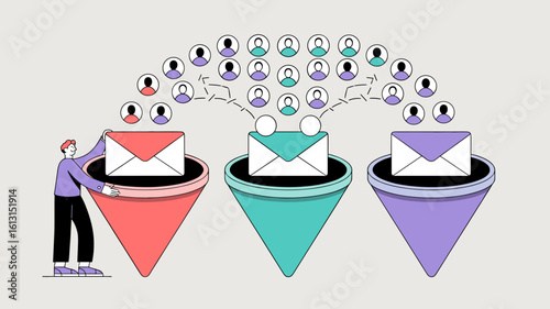 marketer using a sales funnel for email segmentation vector illustration, marketing personalization, lead generation and customer targeting