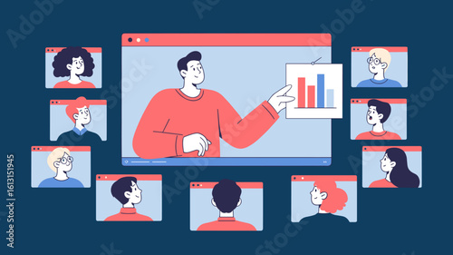 professional presenter leading a virtual webinar with a chart vector illustration, online presentation, e-learning and corporate training